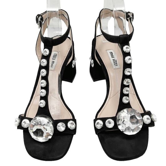 Miu Miu Crystal Embellished Black Suede T-Strap Sandals Size EU 37.5 - Picture 2 of 9